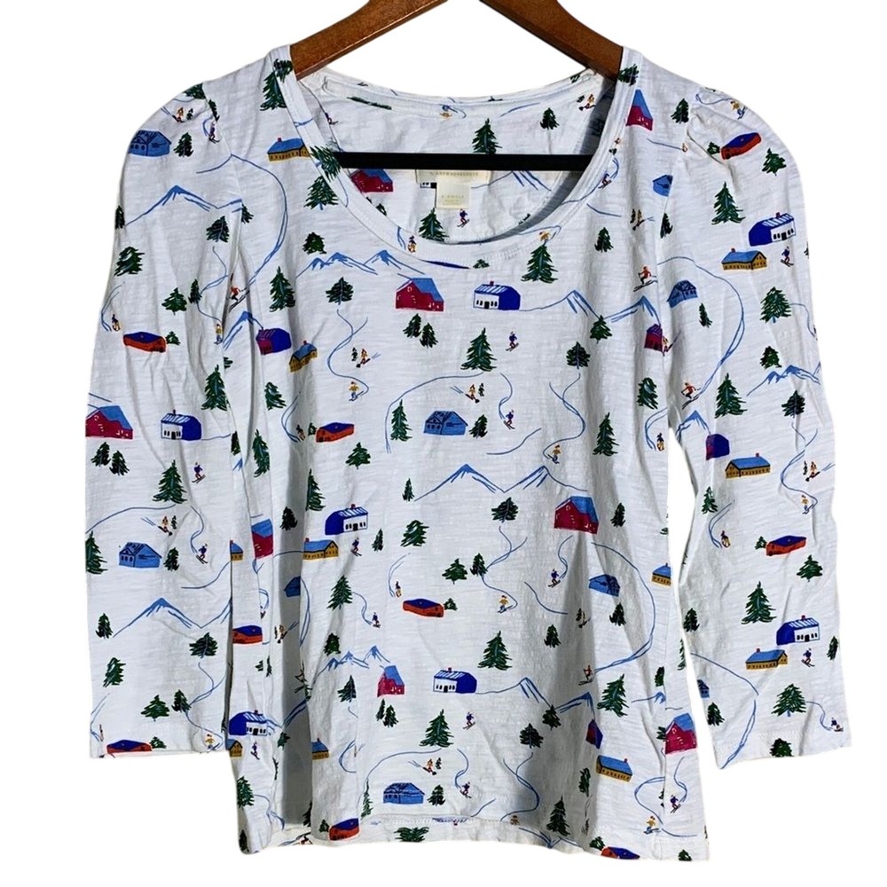 Maeve Top‎ Womens XS White Ski Resort Mountain Print Puff Sleeve Anthropologie